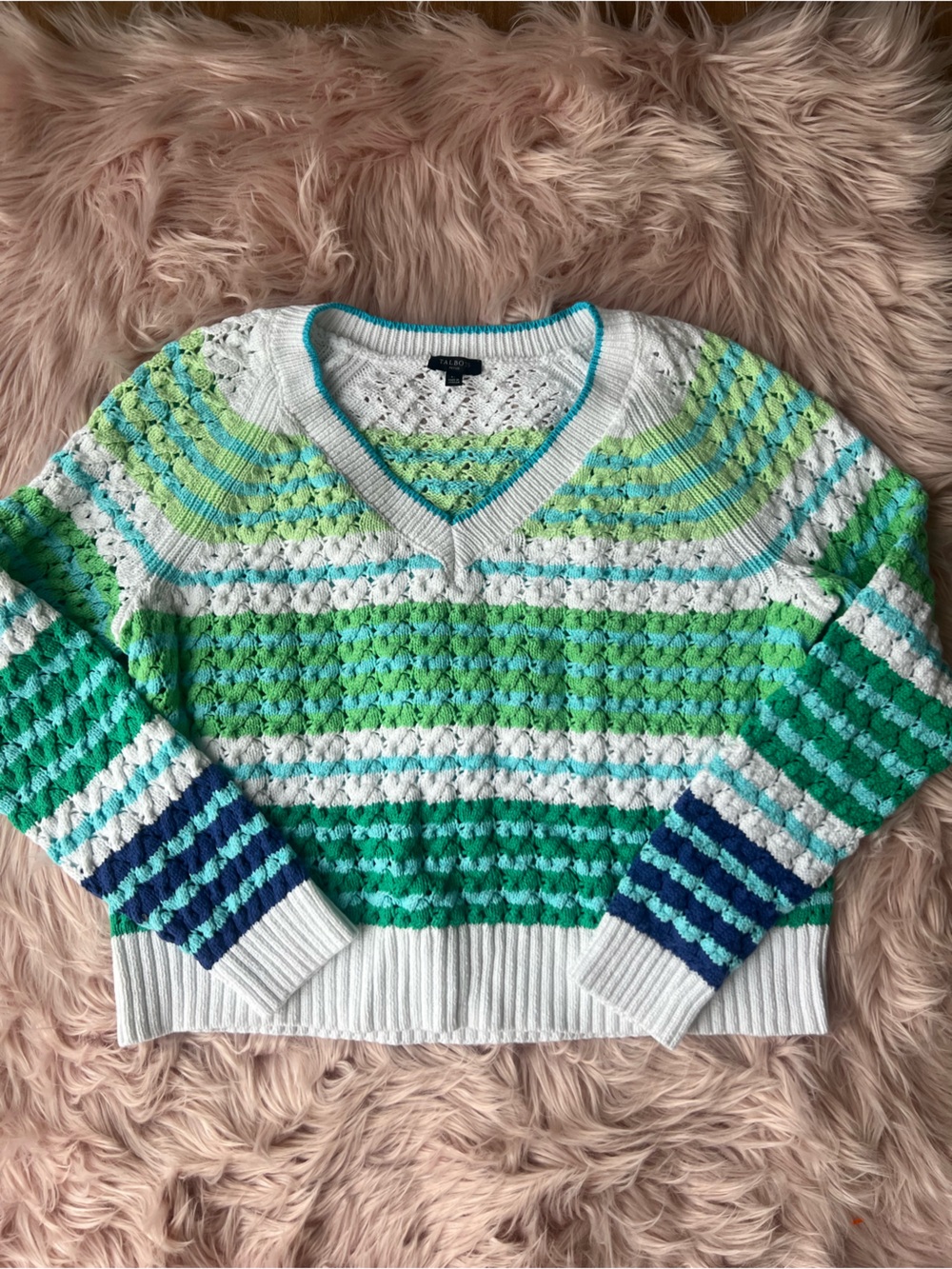 100% Cotton Talbots White, Green & Blue Striped V-Neck Sweater